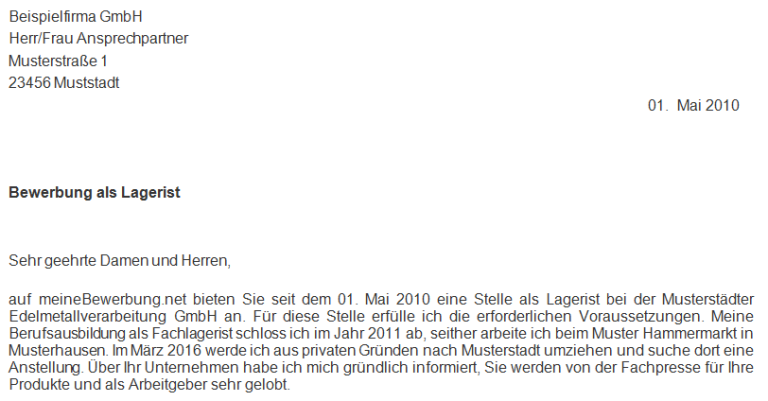Bewerbung Als Lagerist Muster Pdf Bewerbungsschreiben als Lagerist | MeineBewerbung.net